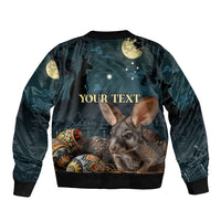 Bomber jacket with zipper, blue print of bunny with Easter eggs and stars