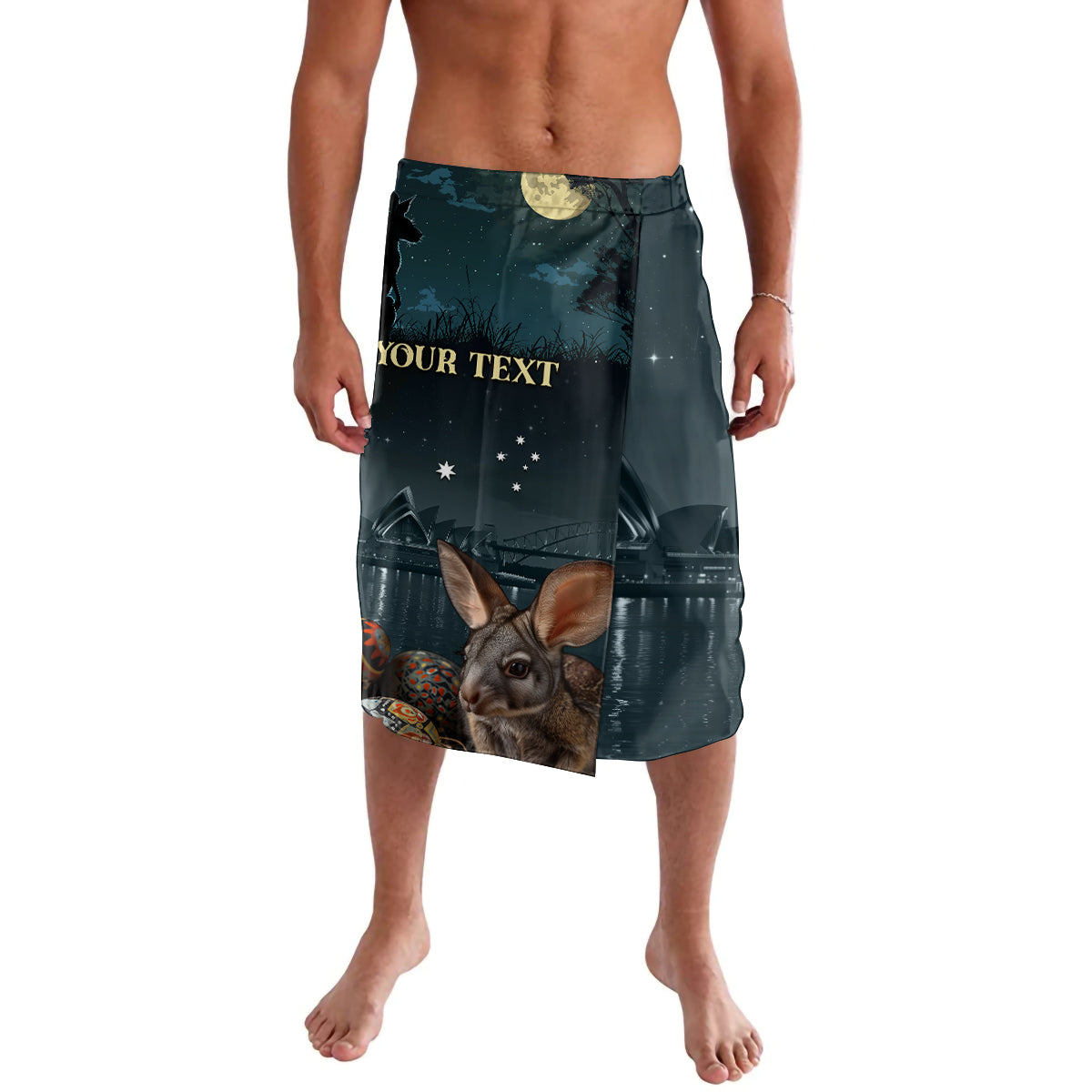 Men's dark teal lavalava skirt with bunny, eggs and starry night graphic