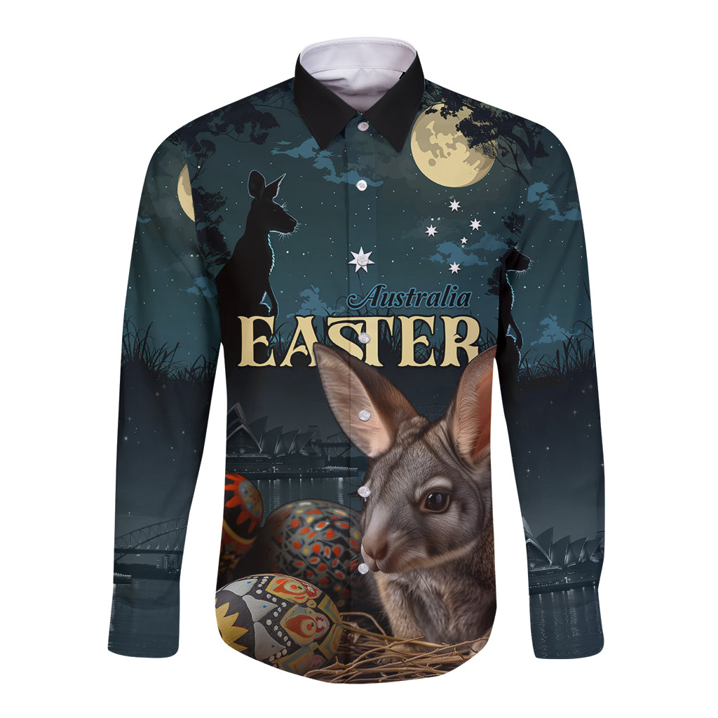 Unisex long-sleeve button shirt, dark teal/black with Easter bunny and egg graphic