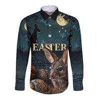 Unisex long-sleeve button shirt, dark teal/black with Easter bunny and egg graphic