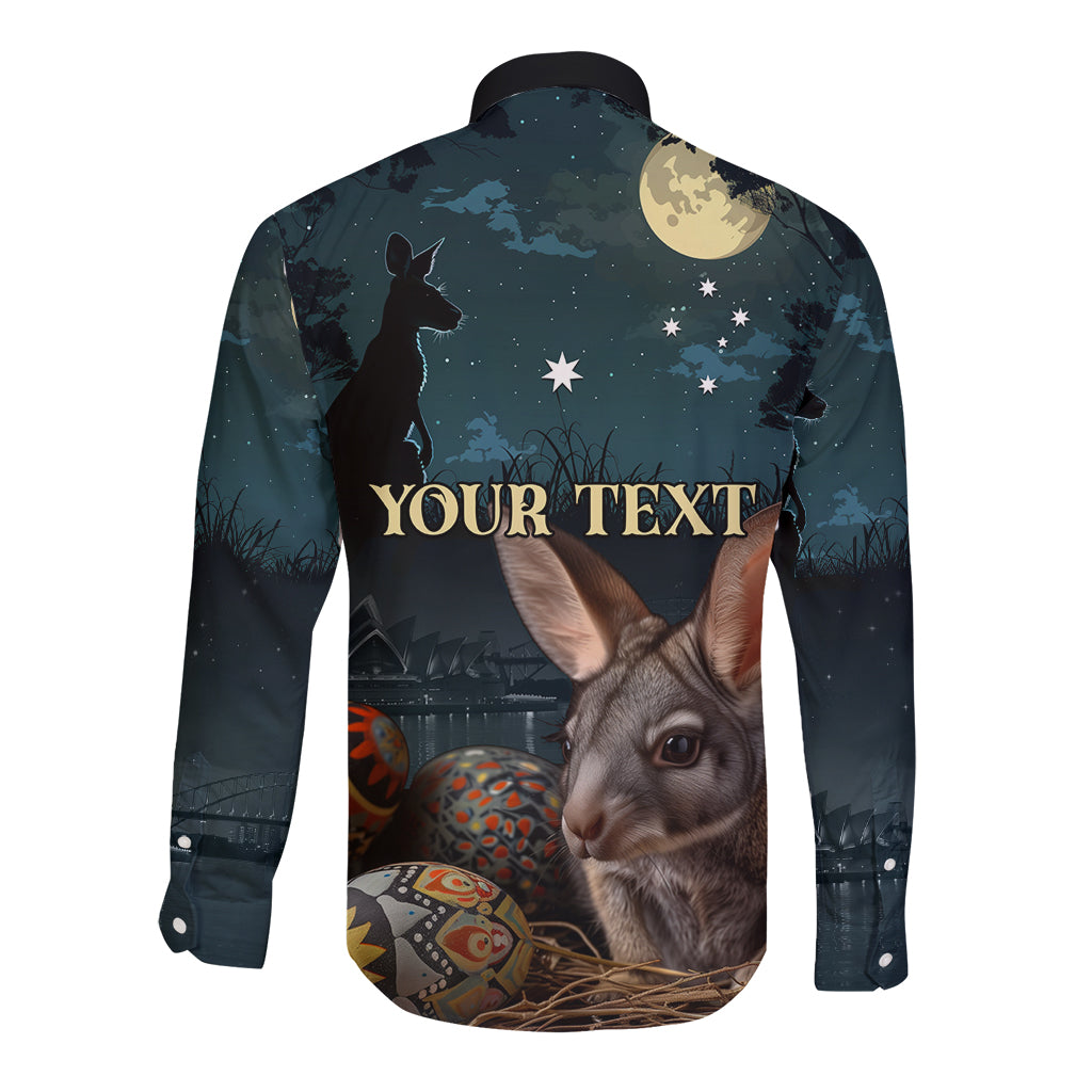 Unisex long-sleeve button shirt, dark teal/black with bunny and eggs, 'YOUR TEXT'