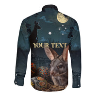 Unisex long-sleeve button shirt, dark teal/black with bunny and eggs, 'YOUR TEXT'
