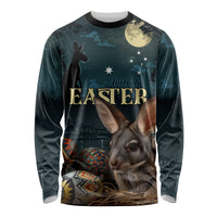 Unisex long-sleeve graphic shirt, dark teal with Easter bunny and decorated eggs