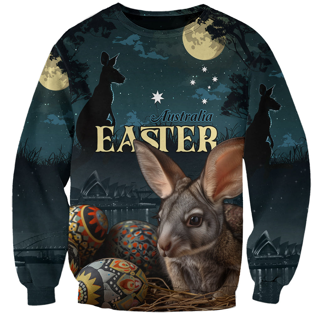 Dark sweatshirt with starry night print, Easter bunny face, kangaroo silhouettes, eggs