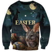 Dark sweatshirt with starry night print, Easter bunny face, kangaroo silhouettes, eggs