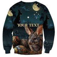 Dark sweatshirt with starry night print, Easter bunny and kangaroo silhouettes, eggs, 'YOUR TEXT'