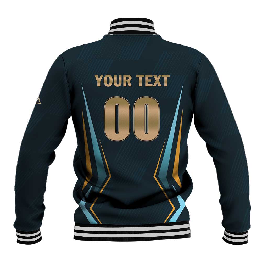 Back of blue cricket baseball jacket with striped cuffs and 'YOUR TEXT 00' print