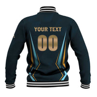 Back of blue cricket baseball jacket with striped cuffs and 'YOUR TEXT 00' print