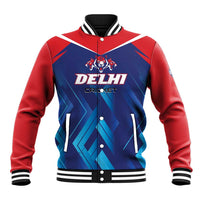 Unisex cricket baseball jacket with red sleeves, blue front, Delhi crest and text