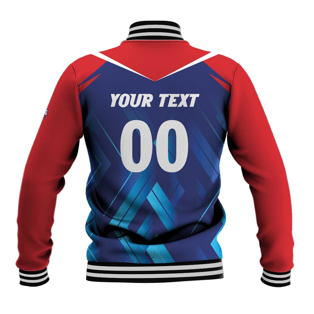 Unisex cricket baseball jacket with red sleeves, blue back panel, "YOUR TEXT" and 00
