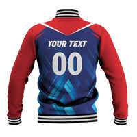 Unisex cricket baseball jacket with red sleeves, blue back panel, "YOUR TEXT" and 00