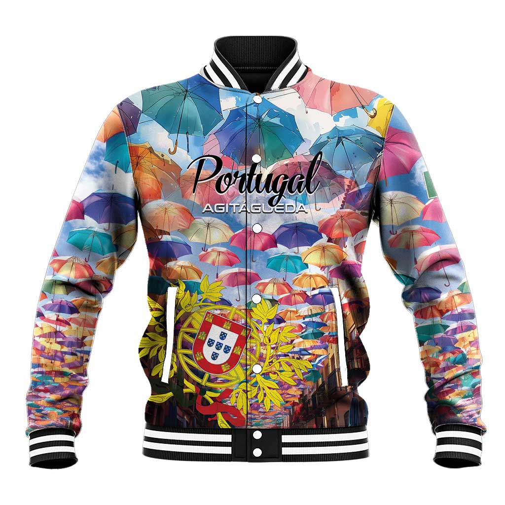 Colorful umbrella-pattern baseball jacket with snap front, striped collar and cuffs