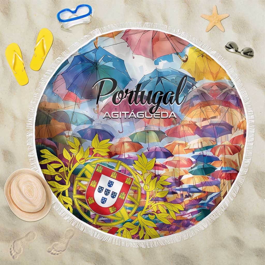 Round beach blanket with colorful umbrella and Portugal crest design, white fringe edge