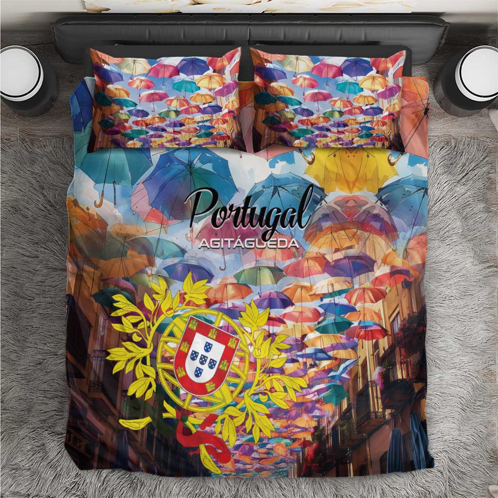 Colorful umbrella-themed bedding set with matching pillow shams and duvet cover