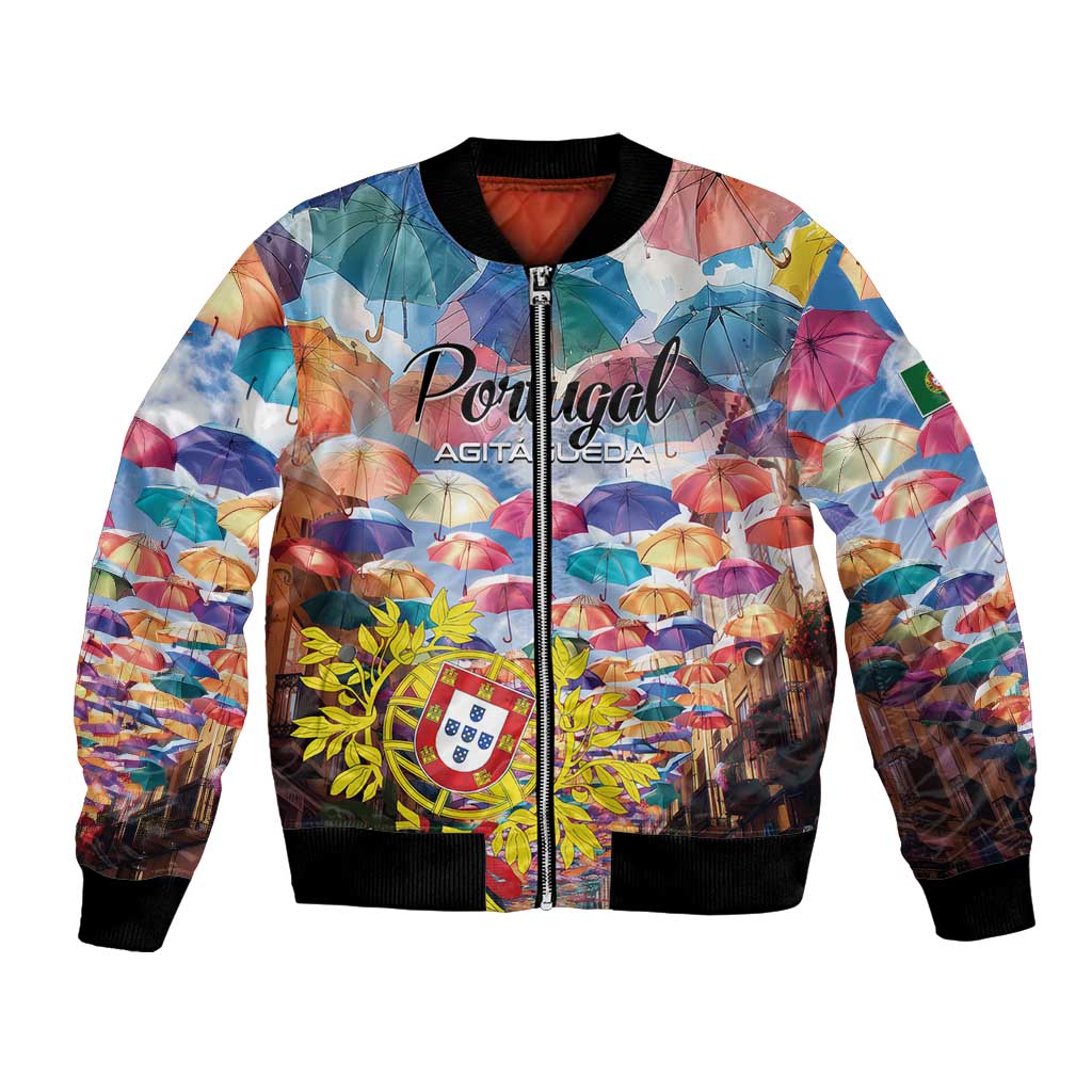 Colorful bomber jacket with umbrella print, front zipper, black ribbed cuffs and hem