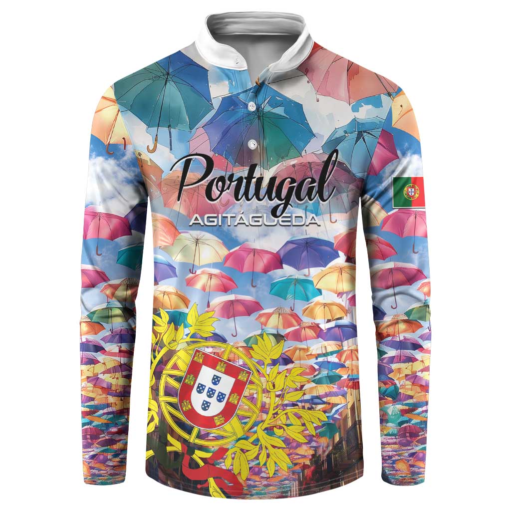 Colorful button sweatshirt with umbrella print, Portugal text, chest crest.