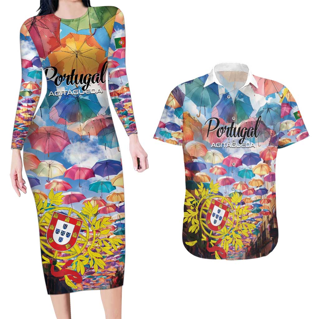 Personalized AgitAgueda Portugal Couples Matching Long Sleeve Bodycon Dress and Hawaiian Shirt Colorful Umbrella Sky - Wonder Print Shop