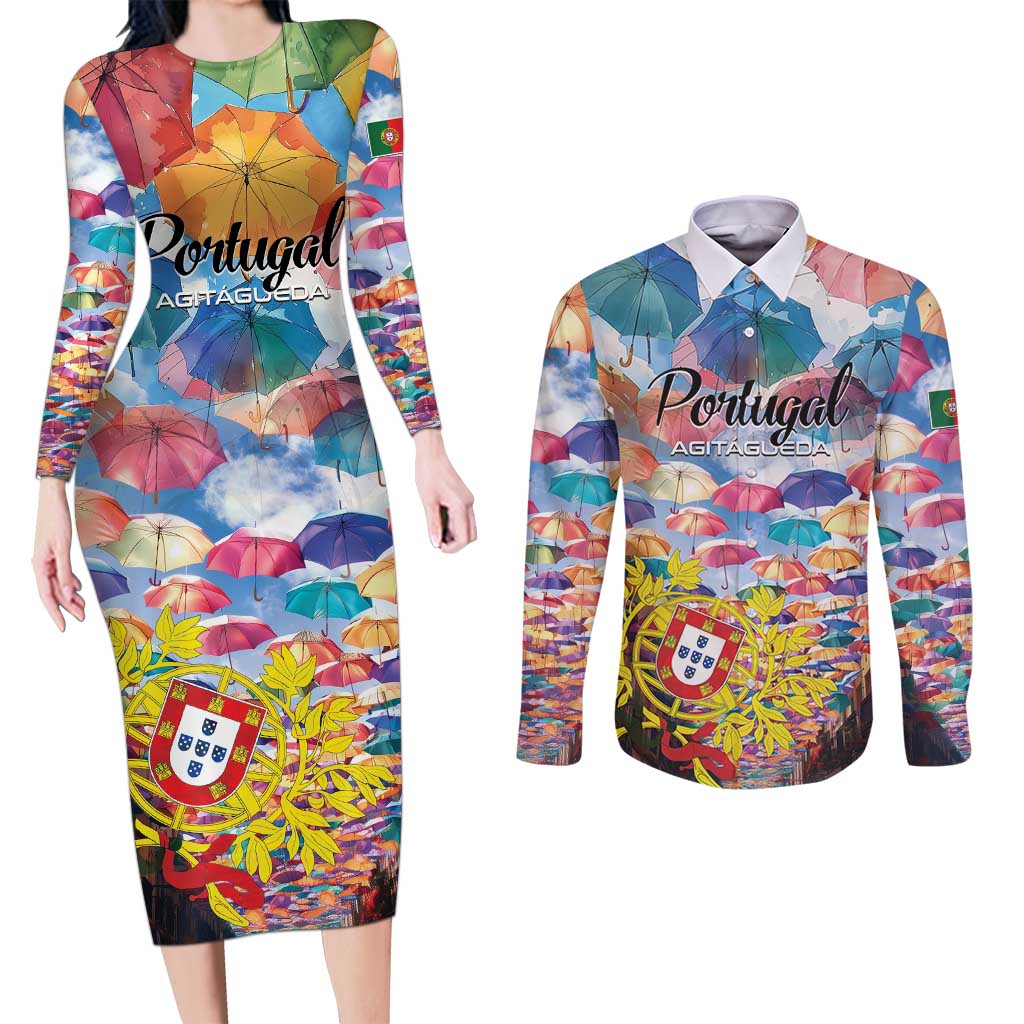 Personalized AgitAgueda Portugal Couples Matching Long Sleeve Bodycon Dress and Long Sleeve Button Shirt Colorful Umbrella Sky - Wonder Print Shop