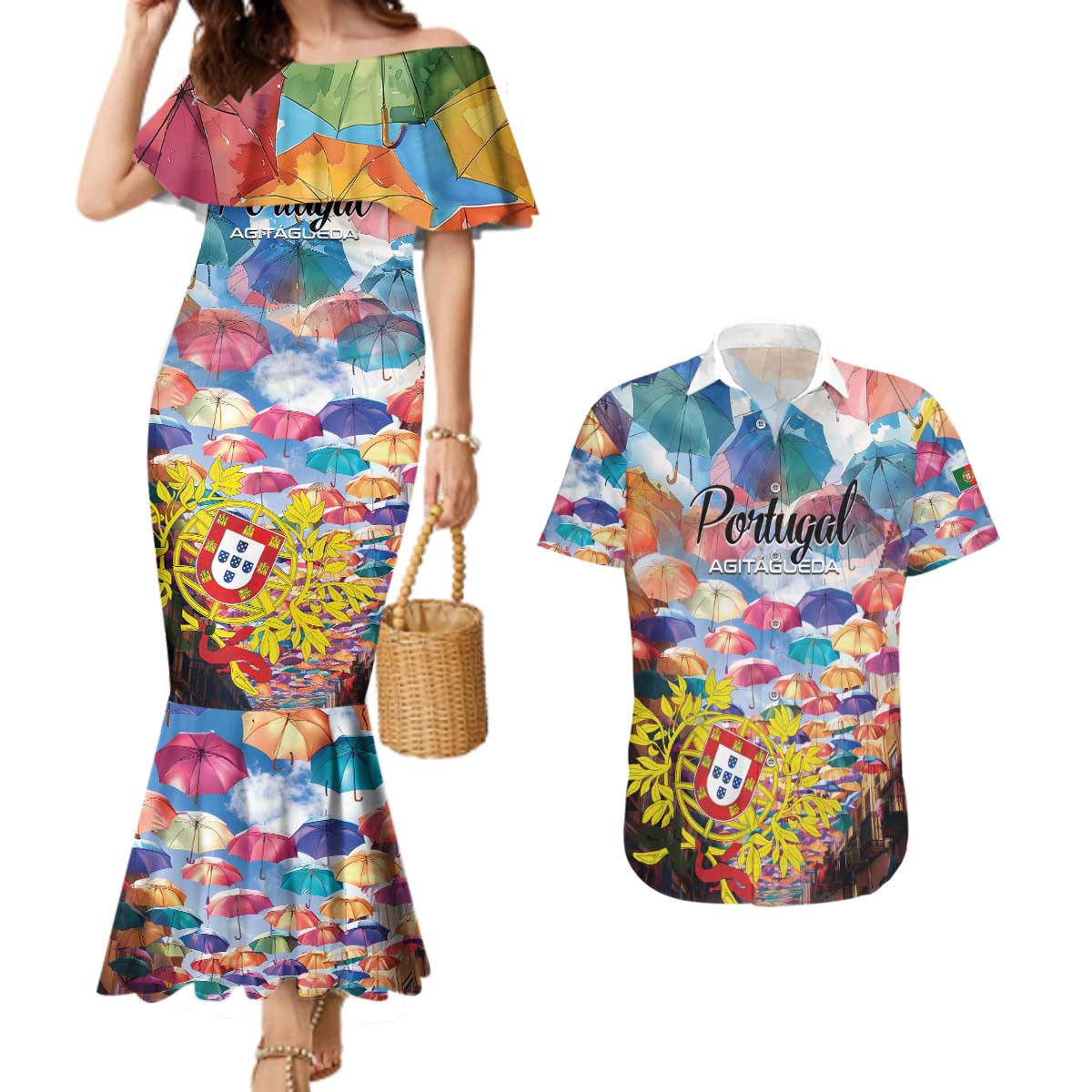 Personalized AgitAgueda Portugal Couples Matching Mermaid Dress and Hawaiian Shirt Colorful Umbrella Sky - Wonder Print Shop