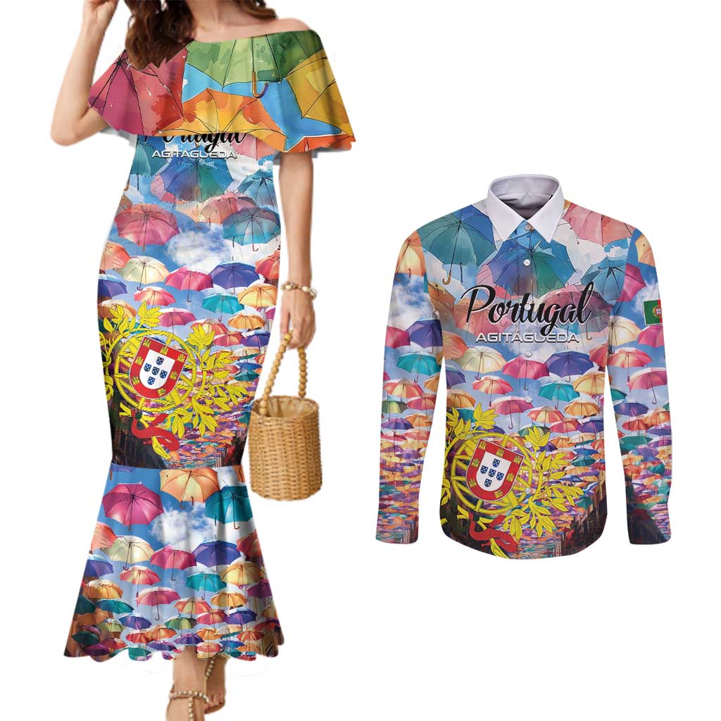 Personalized AgitAgueda Portugal Couples Matching Mermaid Dress and Long Sleeve Button Shirt Colorful Umbrella Sky