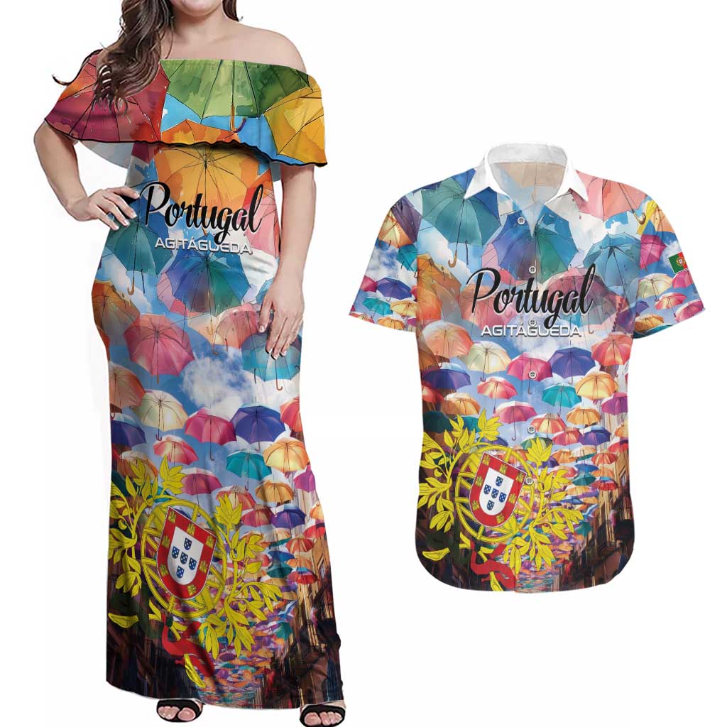 Personalized AgitAgueda Portugal Couples Matching Off Shoulder Maxi Dress and Hawaiian Shirt Colorful Umbrella Sky - Wonder Print Shop