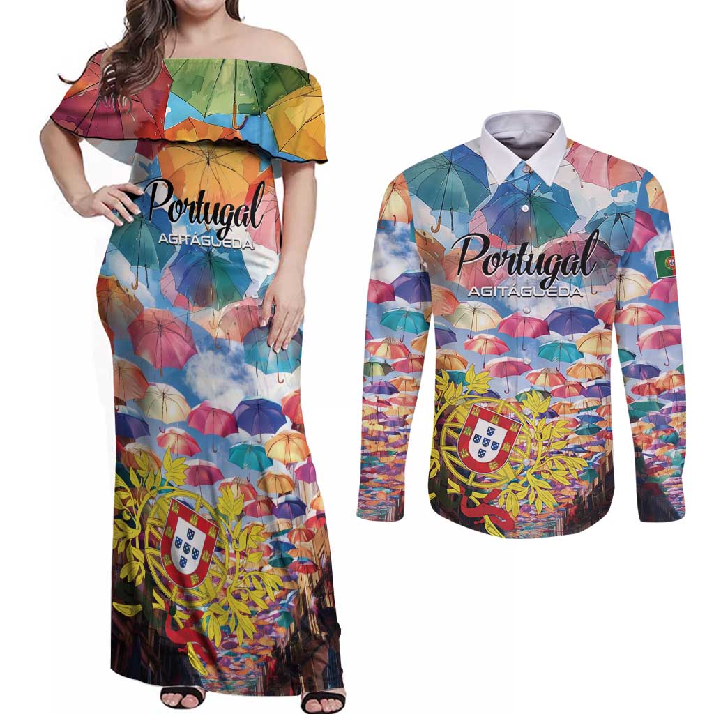 Personalized AgitAgueda Portugal Couples Matching Off Shoulder Maxi Dress and Long Sleeve Button Shirt Colorful Umbrella Sky - Wonder Print Shop