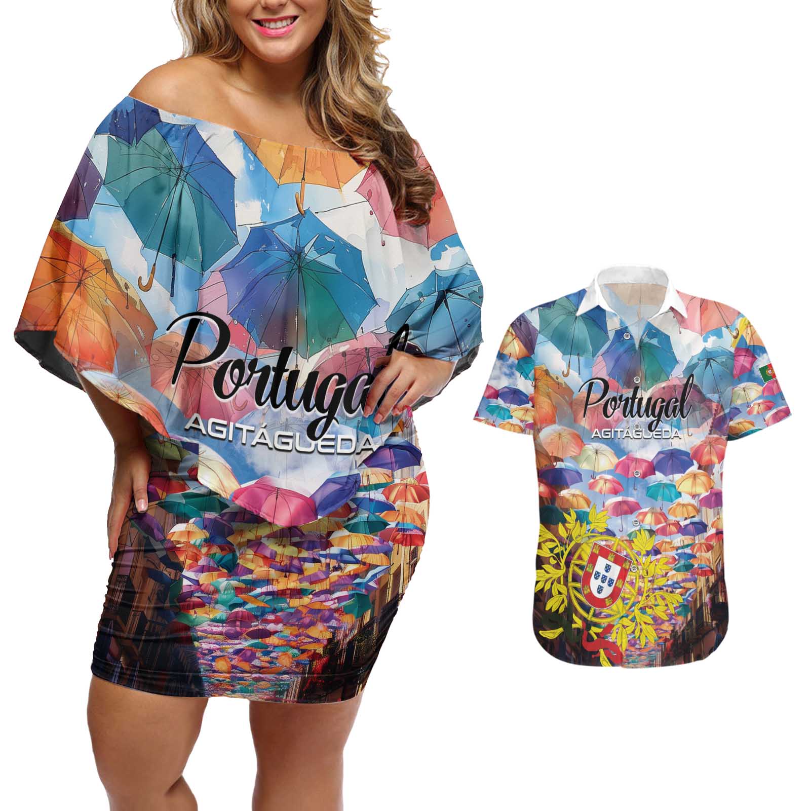 Personalized AgitAgueda Portugal Couples Matching Off Shoulder Short Dress and Hawaiian Shirt Colorful Umbrella Sky - Wonder Print Shop