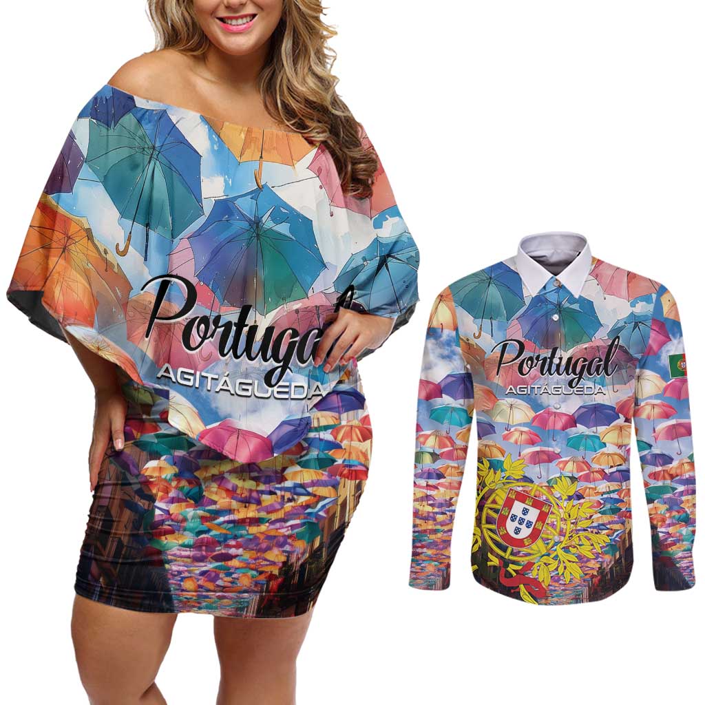 Personalized AgitAgueda Portugal Couples Matching Off Shoulder Short Dress and Long Sleeve Button Shirt Colorful Umbrella Sky - Wonder Print Shop