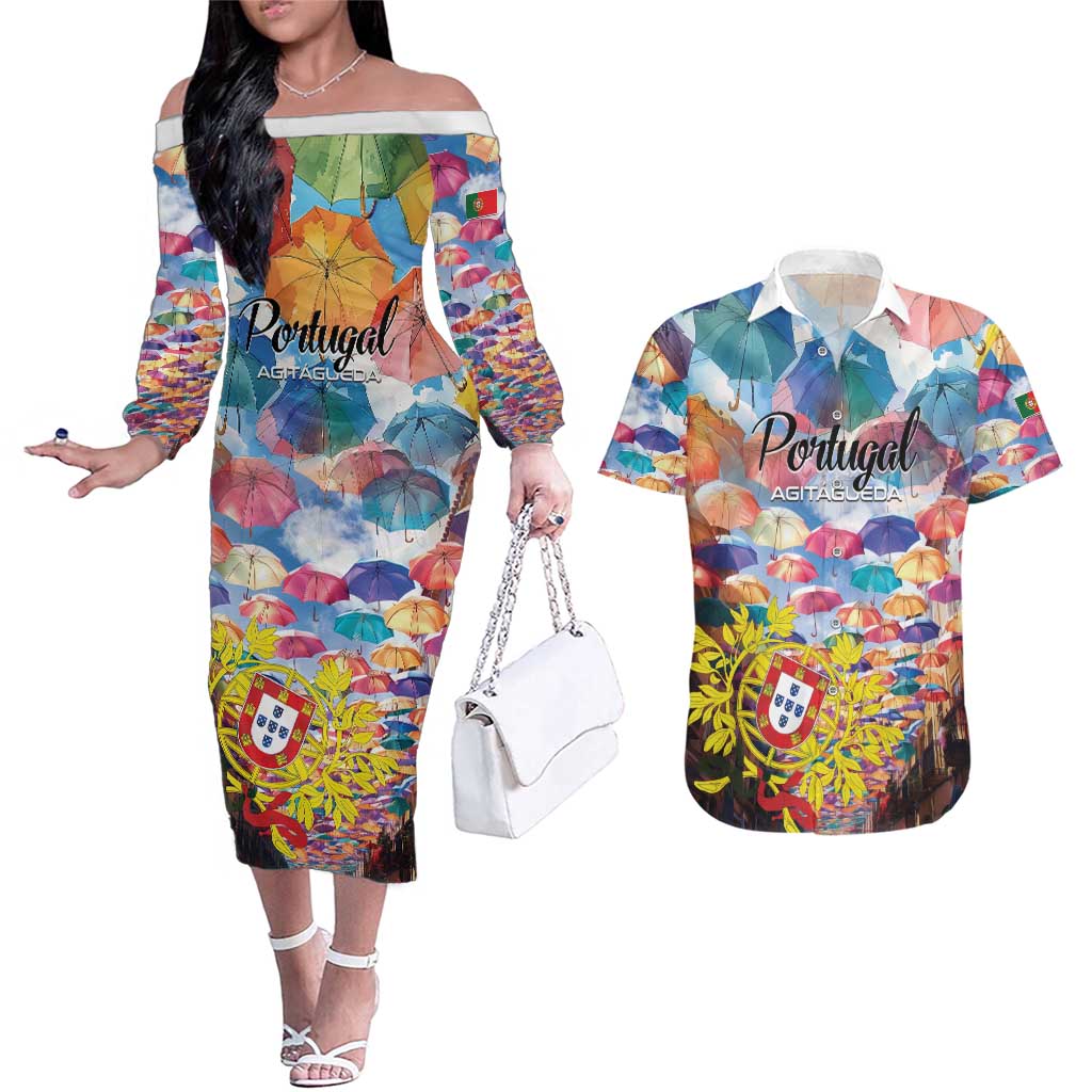 Personalized AgitAgueda Portugal Couples Matching Off The Shoulder Long Sleeve Dress and Hawaiian Shirt Colorful Umbrella Sky - Wonder Print Shop