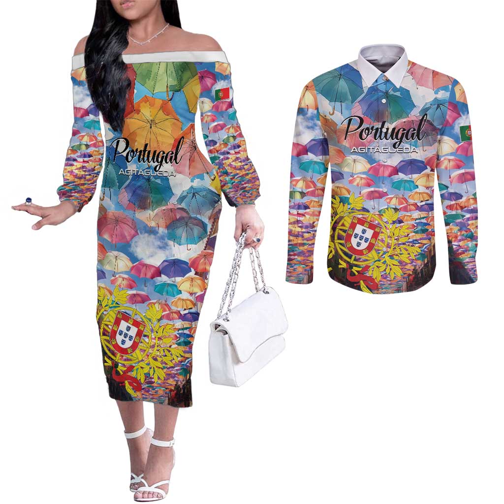 Personalized AgitAgueda Portugal Couples Matching Off The Shoulder Long Sleeve Dress and Long Sleeve Button Shirt Colorful Umbrella Sky