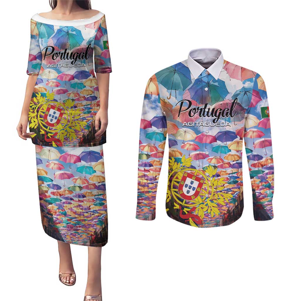 Personalized AgitAgueda Portugal Couples Matching Puletasi and Long Sleeve Button Shirt Colorful Umbrella Sky - Wonder Print Shop