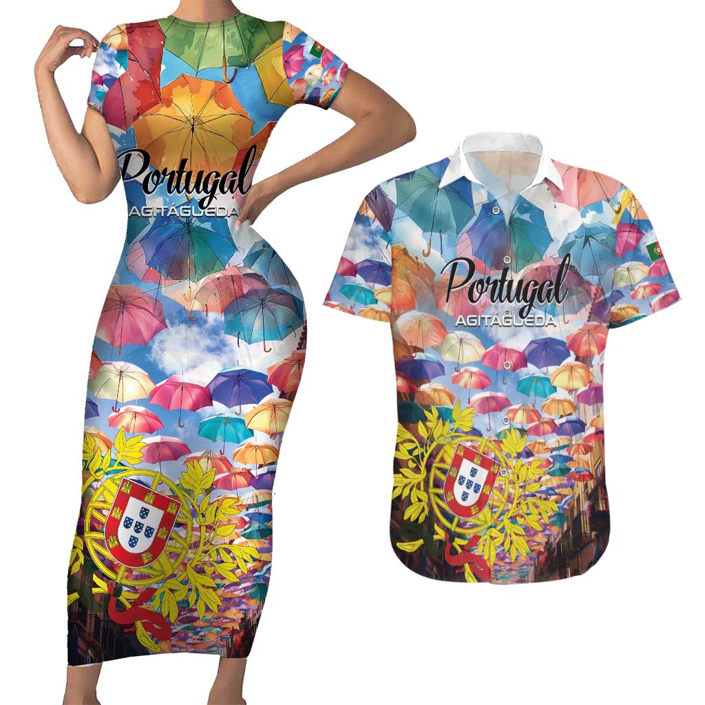 Personalized AgitAgueda Portugal Couples Matching Short Sleeve Bodycon Dress and Hawaiian Shirt Colorful Umbrella Sky - Wonder Print Shop