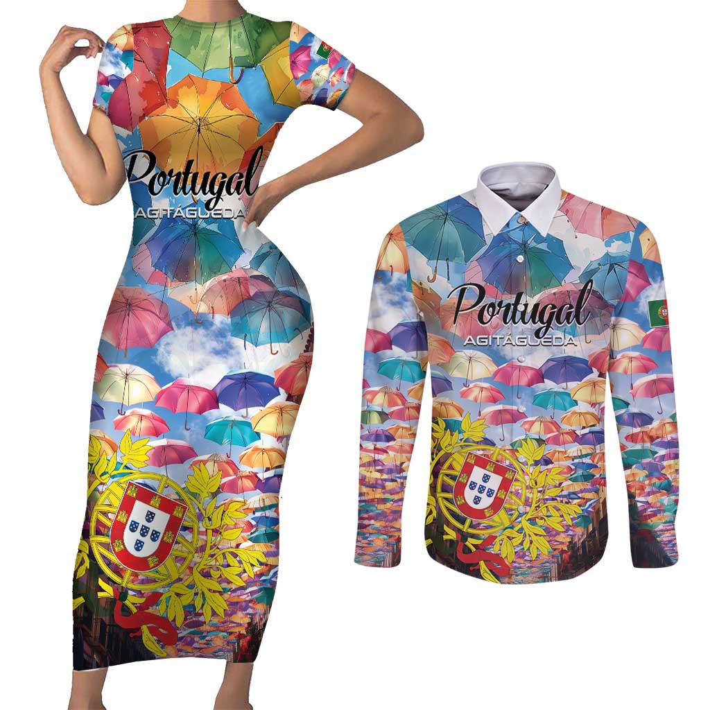 Personalized AgitAgueda Portugal Couples Matching Short Sleeve Bodycon Dress and Long Sleeve Button Shirt Colorful Umbrella Sky - Wonder Print Shop