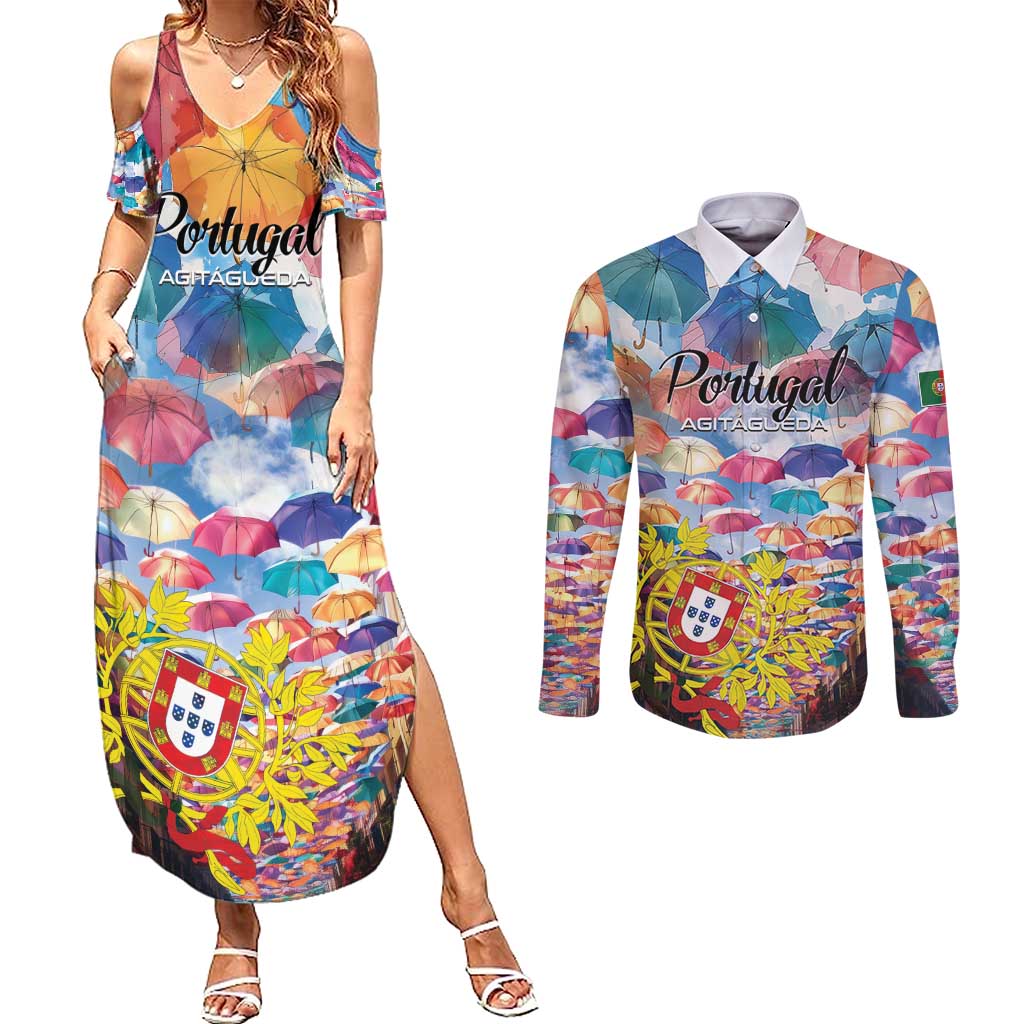 Personalized AgitAgueda Portugal Couples Matching Summer Maxi Dress and Long Sleeve Button Shirt Colorful Umbrella Sky - Wonder Print Shop