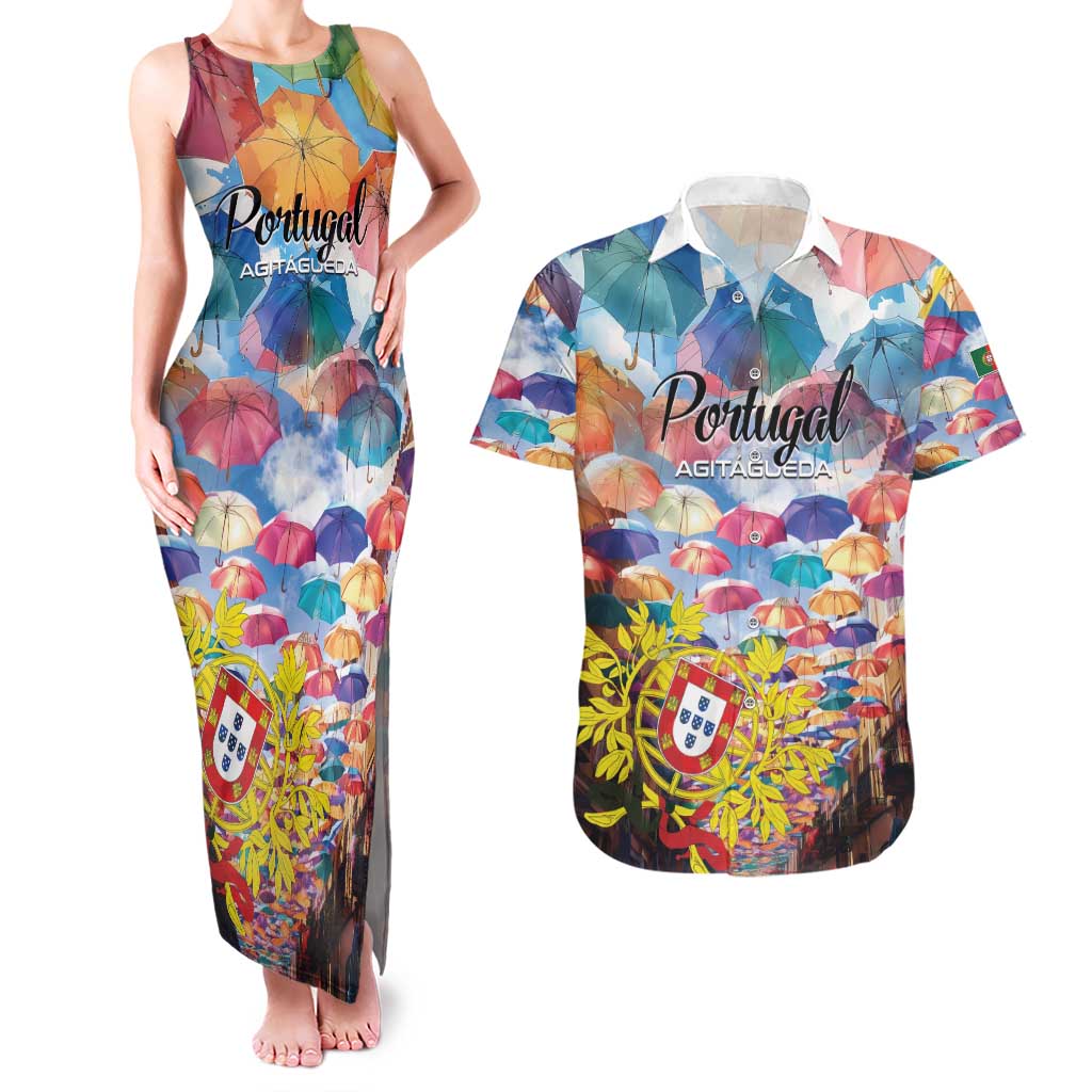 Personalized AgitAgueda Portugal Couples Matching Tank Maxi Dress and Hawaiian Shirt Colorful Umbrella Sky - Wonder Print Shop