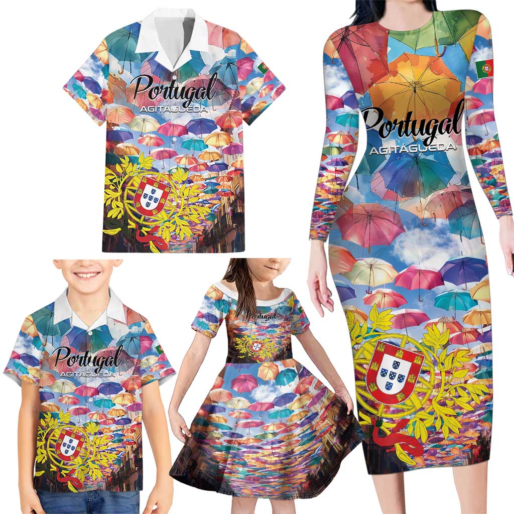 Personalized AgitAgueda Portugal Family Matching Long Sleeve Bodycon Dress and Hawaiian Shirt Colorful Umbrella Sky - Wonder Print Shop