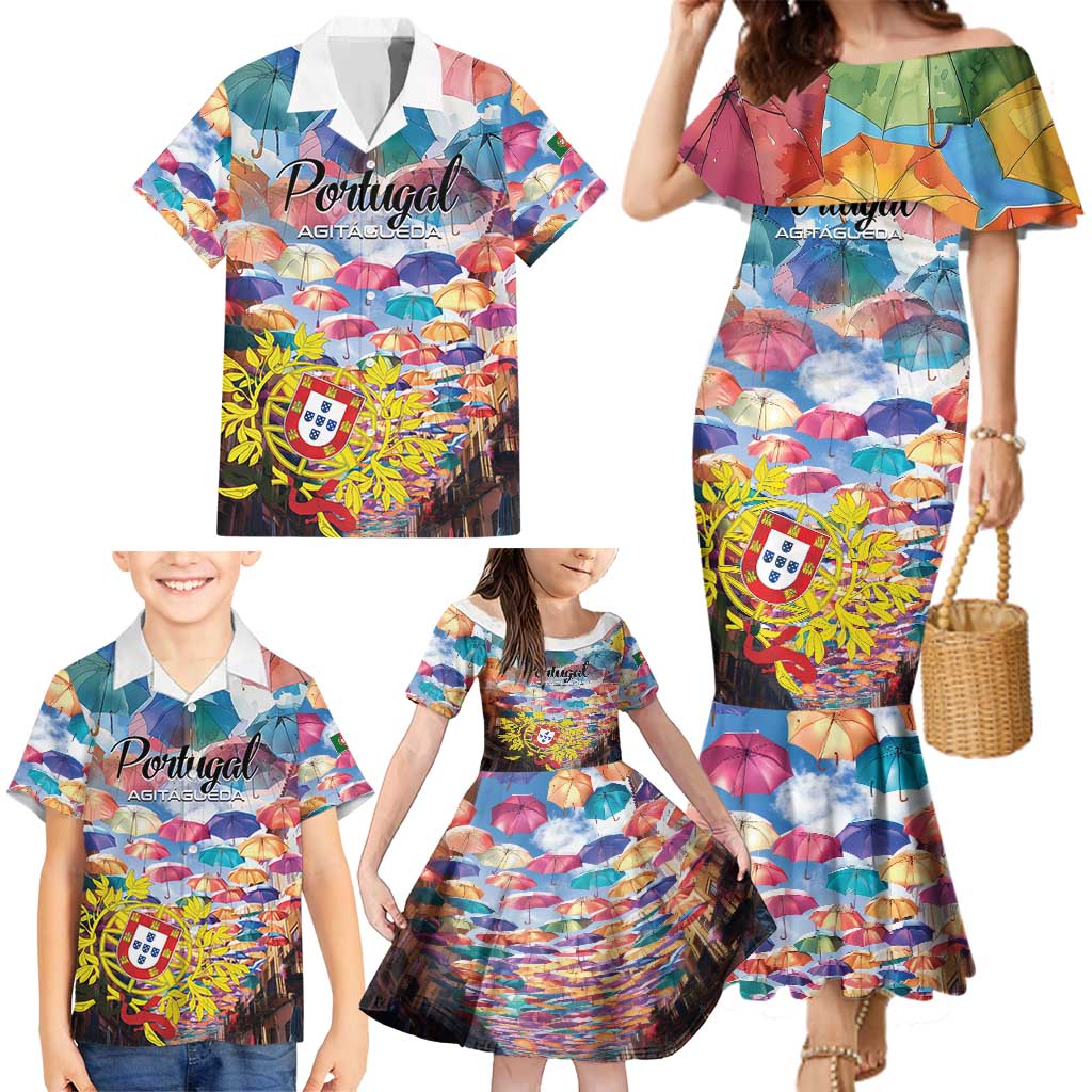 Personalized AgitAgueda Portugal Family Matching Mermaid Dress and Hawaiian Shirt Colorful Umbrella Sky - Wonder Print Shop