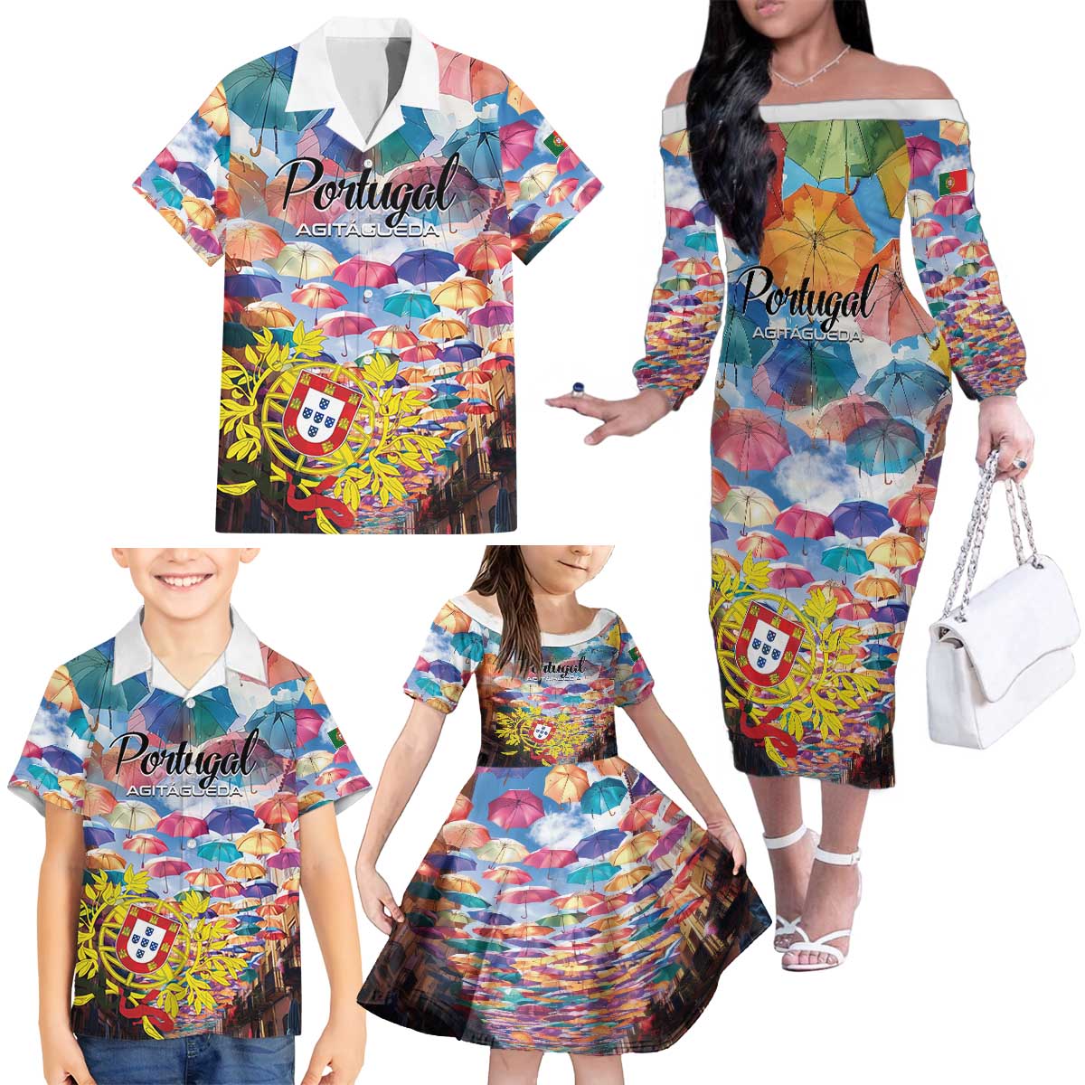 Personalized AgitAgueda Portugal Family Matching Off The Shoulder Long Sleeve Dress and Hawaiian Shirt Colorful Umbrella Sky - Wonder Print Shop