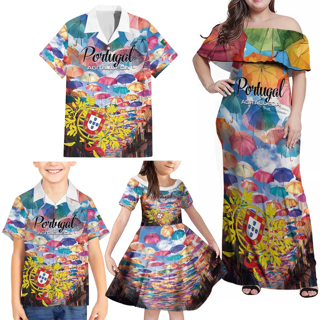 Personalized AgitAgueda Portugal Family Matching Off Shoulder Maxi Dress and Hawaiian Shirt Colorful Umbrella Sky - Wonder Print Shop