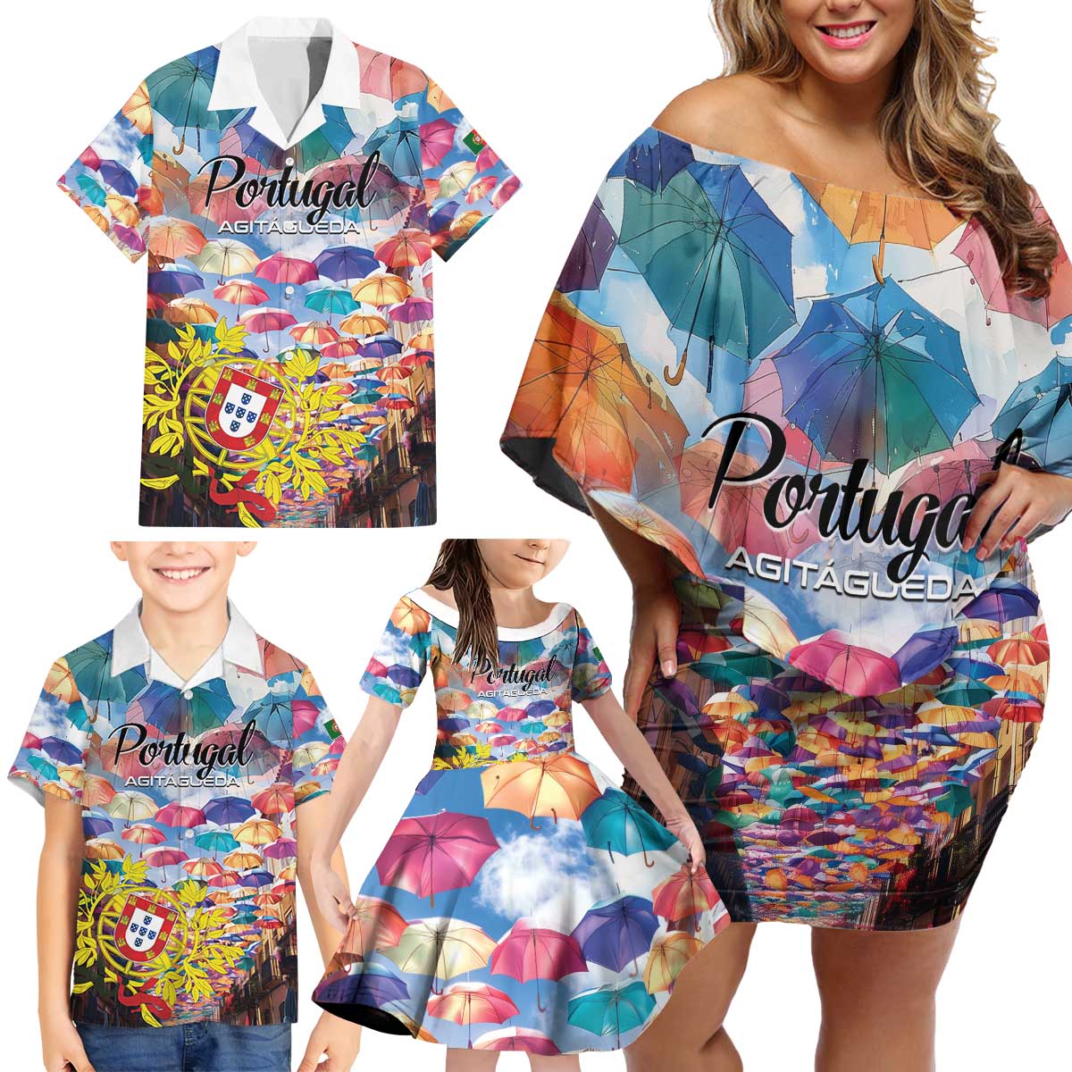 Personalized AgitAgueda Portugal Family Matching Off Shoulder Short Dress and Hawaiian Shirt Colorful Umbrella Sky - Wonder Print Shop