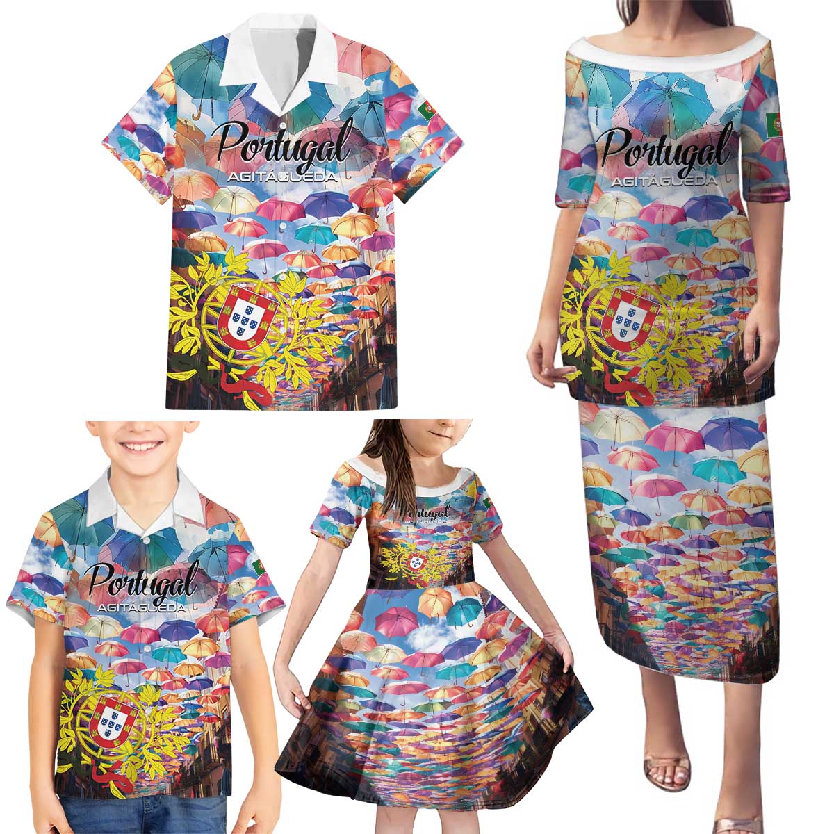 Personalized AgitAgueda Portugal Family Matching Puletasi and Hawaiian Shirt Colorful Umbrella Sky - Wonder Print Shop