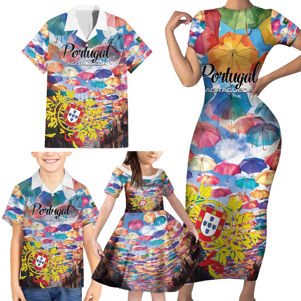 Personalized AgitAgueda Portugal Family Matching Short Sleeve Bodycon Dress and Hawaiian Shirt Colorful Umbrella Sky - Wonder Print Shop