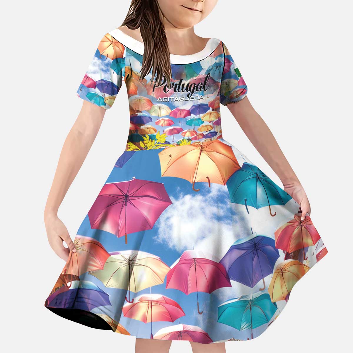 Personalized AgitAgueda Portugal Kid Short Sleeve Dress Colorful Umbrella Sky - Wonder Print Shop