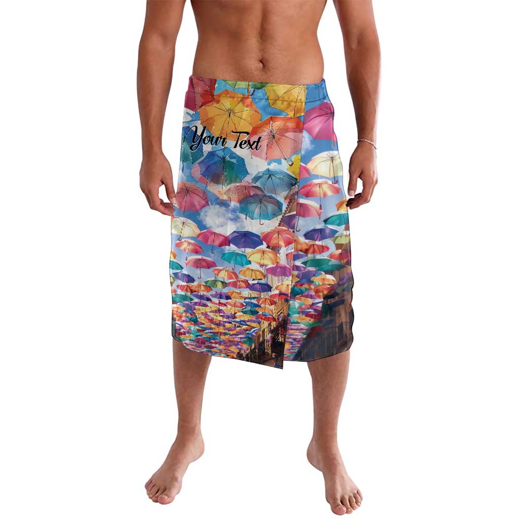 Umbrella-print swim shorts, elastic waistband, colorful ‘Your Text’ graphic