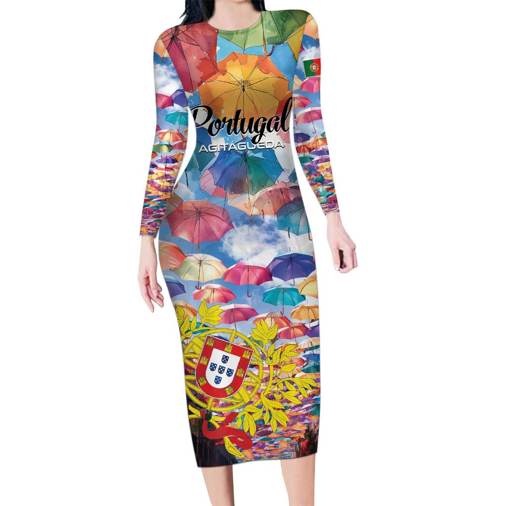 Personalized AgitAgueda Portugal Long Sleeve Bodycon Dress Colorful Umbrella Sky - Wonder Print Shop