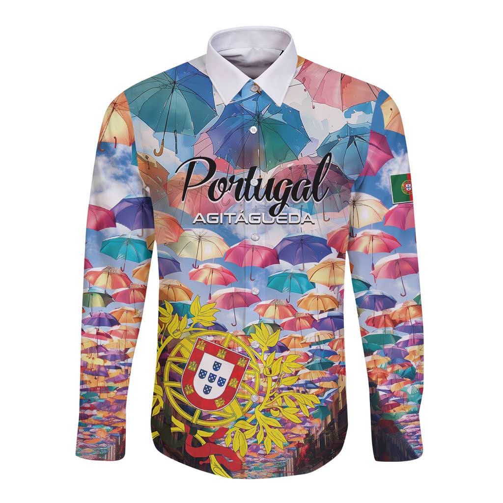 Colorful long sleeve button shirt with umbrellas, Portugal graphic, pointed collar