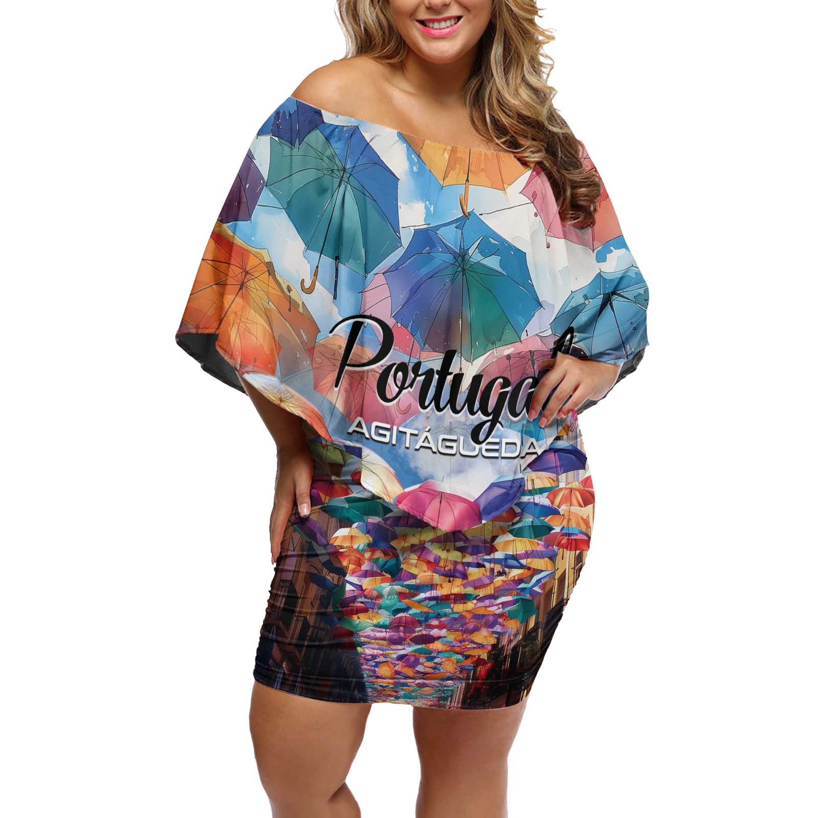 Personalized AgitAgueda Portugal Off Shoulder Short Dress Colorful Umbrella Sky - Wonder Print Shop