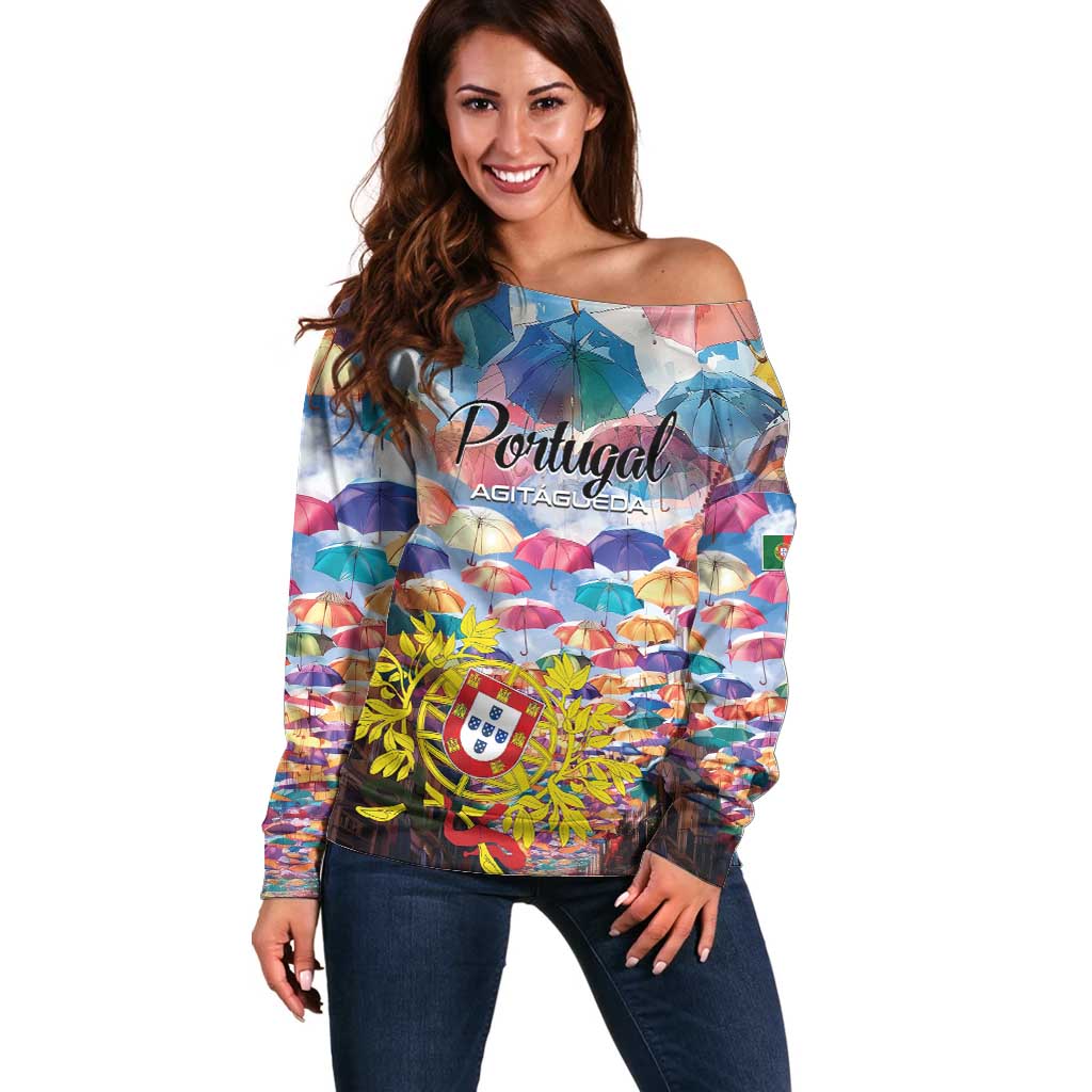 Personalized AgitAgueda Portugal Off Shoulder Sweater Colorful Umbrella Sky - Wonder Print Shop