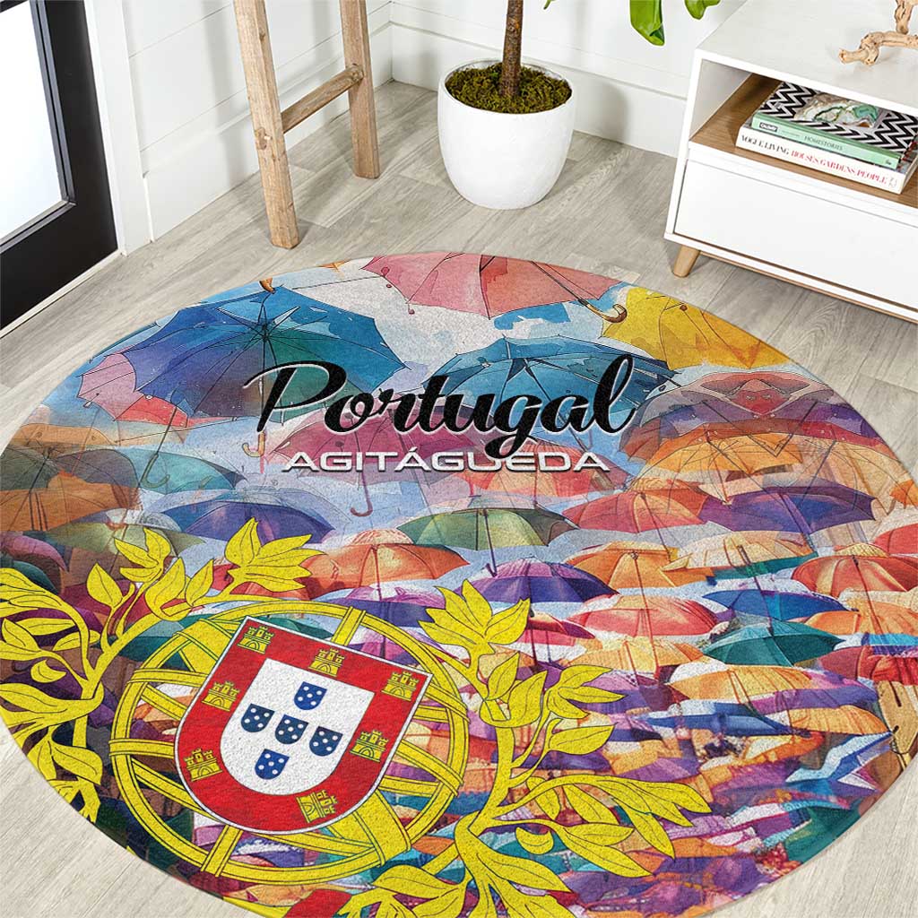 Colorful round area rug with umbrella design and Portugal crest graphic