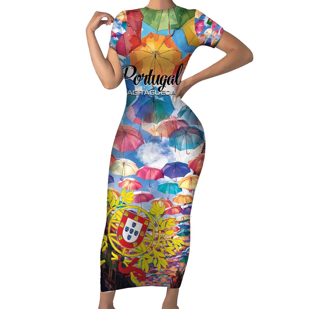 Personalized AgitAgueda Portugal Short Sleeve Bodycon Dress Colorful Umbrella Sky - Wonder Print Shop